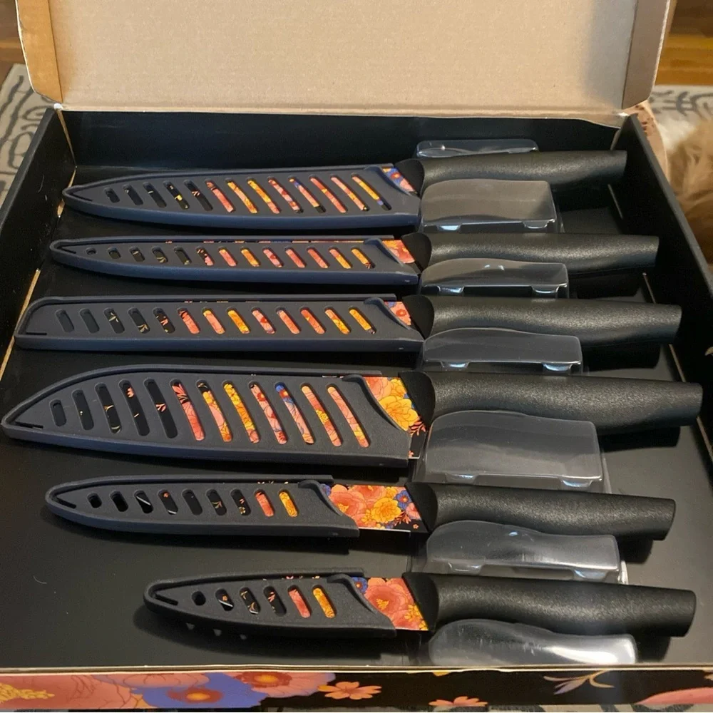 Marco Almond Knife Set Black Floral Designer Knives 6 Piece Stainless Steel NEW